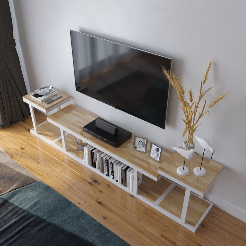Kệ đựng tivi làm từ gỗ cao su giúp không gian thêm sinh động